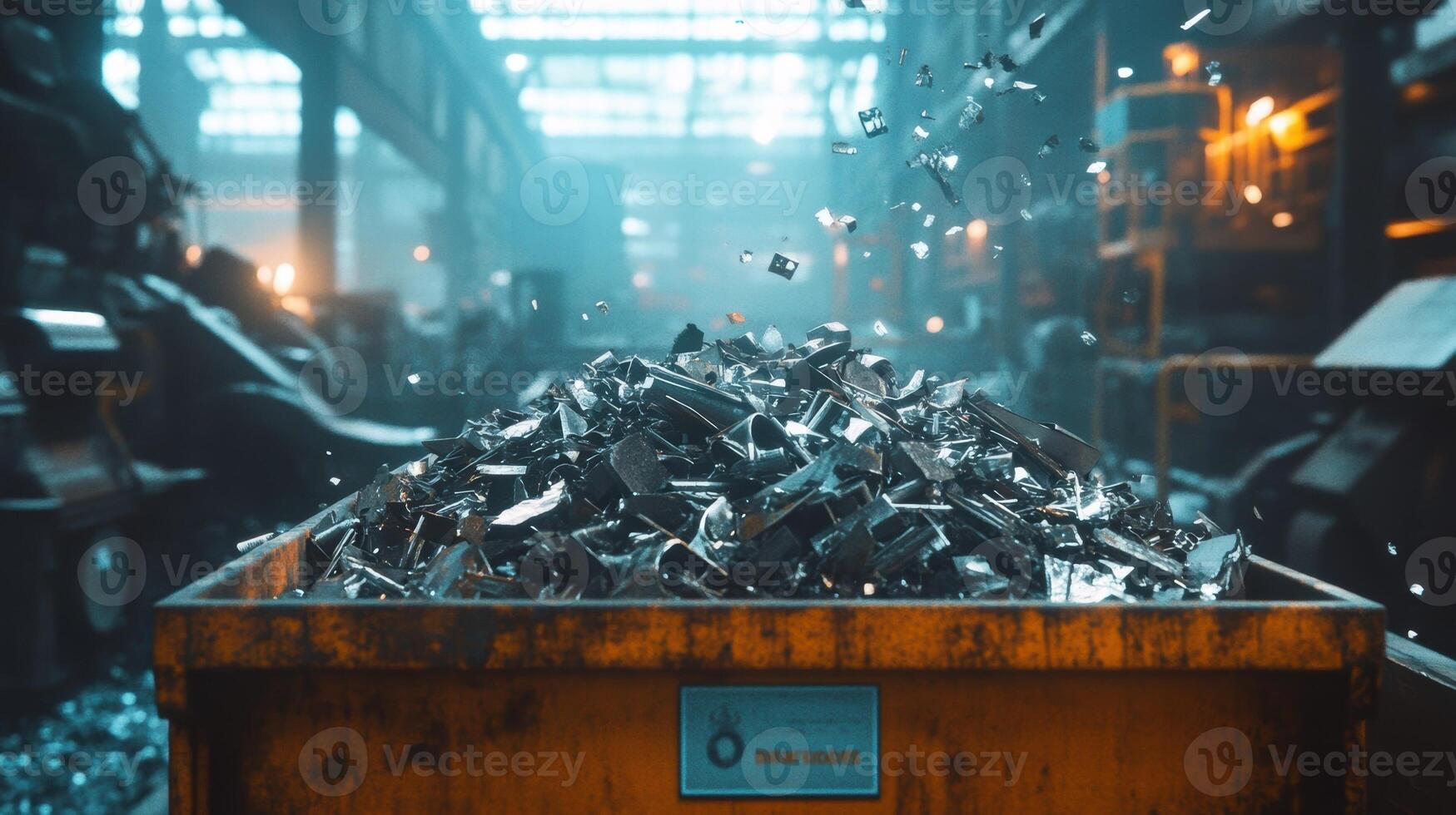 Metal scrap falling into a container in a recycling factory photo