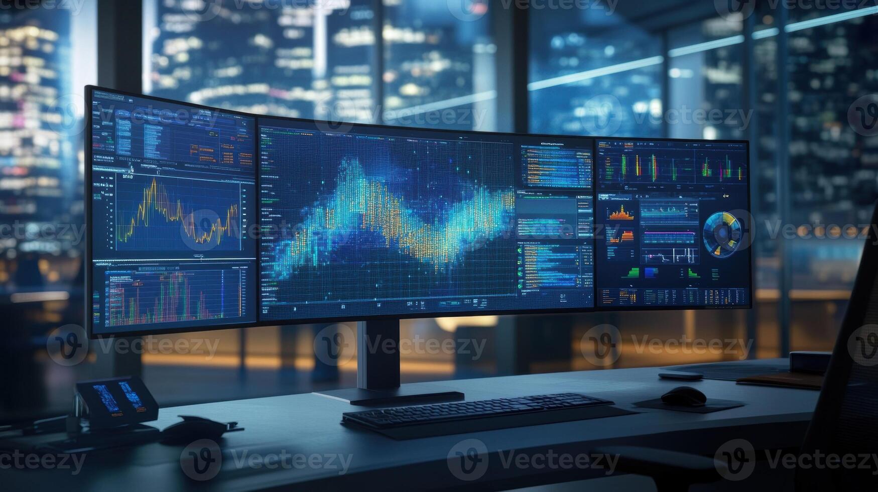 Modern workplace showing analytics and data on multiple computer screens at night photo