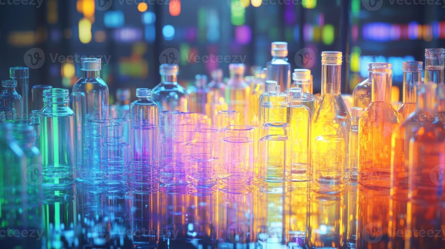 Empty glass bottles and jars reflecting neon lights creating colorful reflections photo