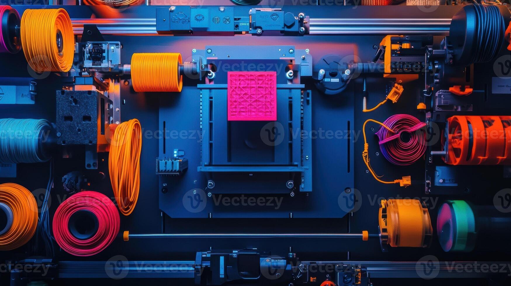 3d printer creating pink object with colorful filaments, futuristic manufacturing process photo