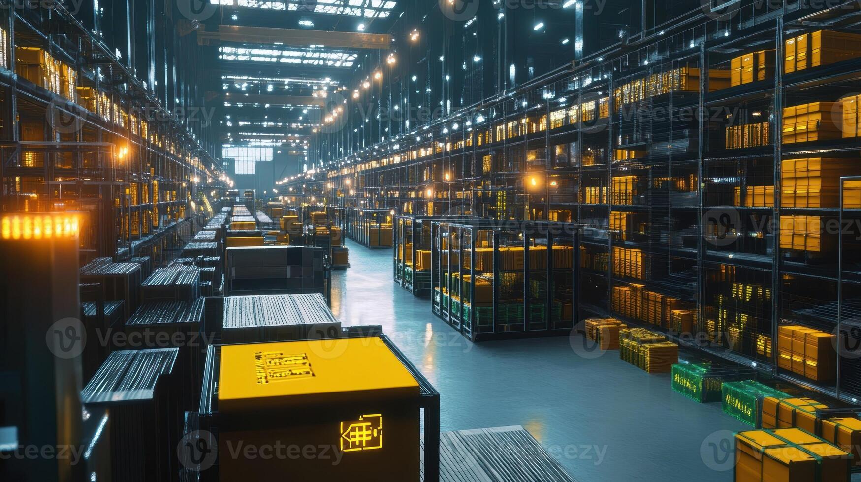 Automated storage and retrieval system managing packages in modern warehouse photo