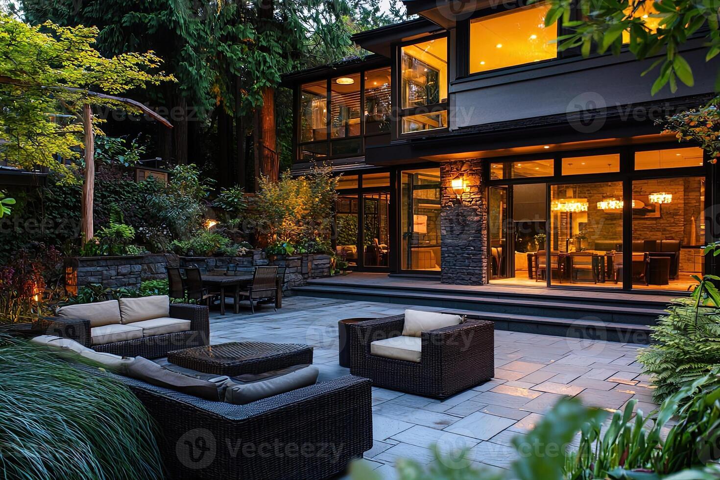 Outdoor patio with armchairs and tables in a luxury house photo