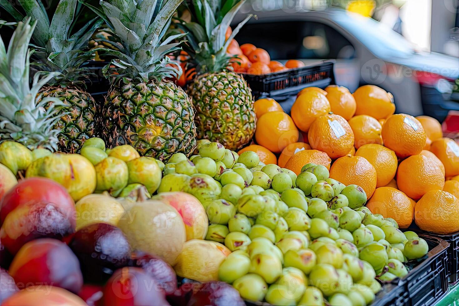 Pineapple, kiwi, pomegranate and other fruits in a market photo