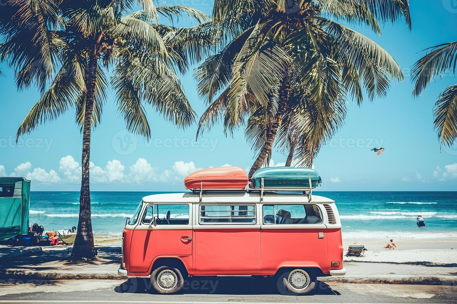 Vintage retro car on the beach with palm trees and blue sky photo