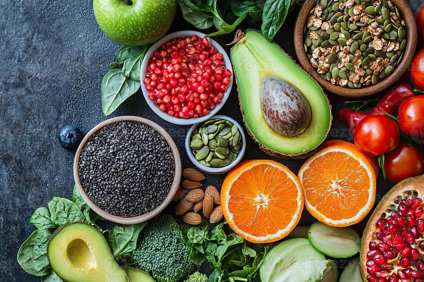 Healthy food clean eating selection spinach tomato avocado, pumpkin superfoods fruits and vegetables on black stone background photo