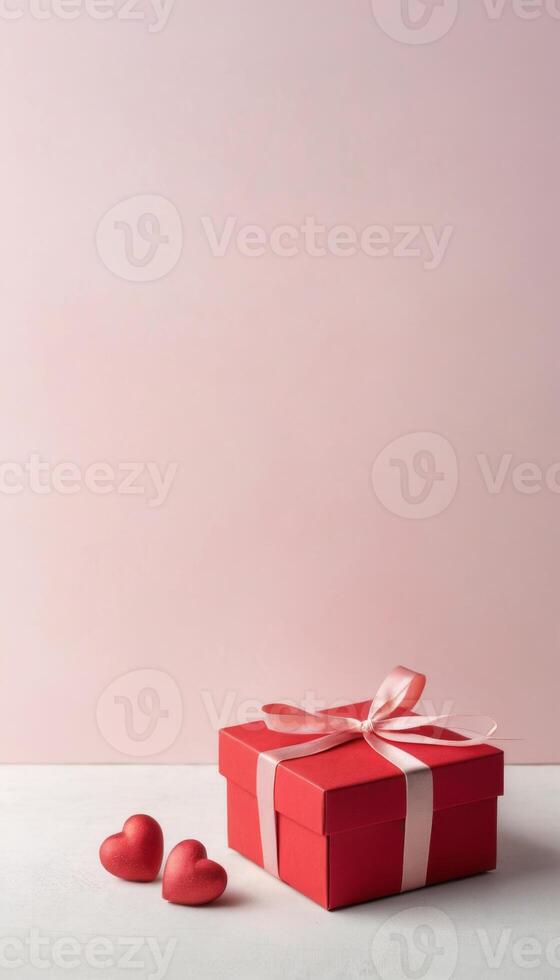 vertical illustration of a gift box with red hearts around it to represent love and romance for valentine's day. photo