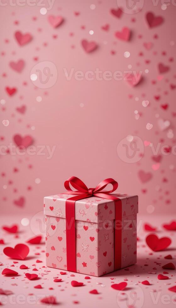 vertical illustration of a elegant decorated gift box with red hearts around it to represent love and romance for valentine's day. photo