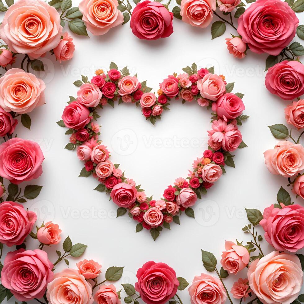The outline of the heart is lined with flowers and roses .Floral background.A bouquet for Valentine's Day.The 14th of February photo