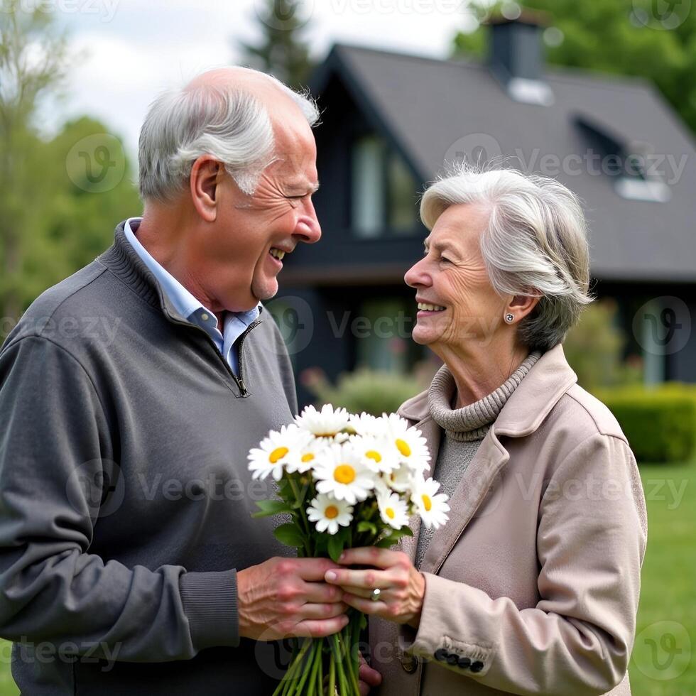 An elderly man gives flowers to an elderly woman.man gives a bouquet of flowers for a lovers' holiday, a birthday photo