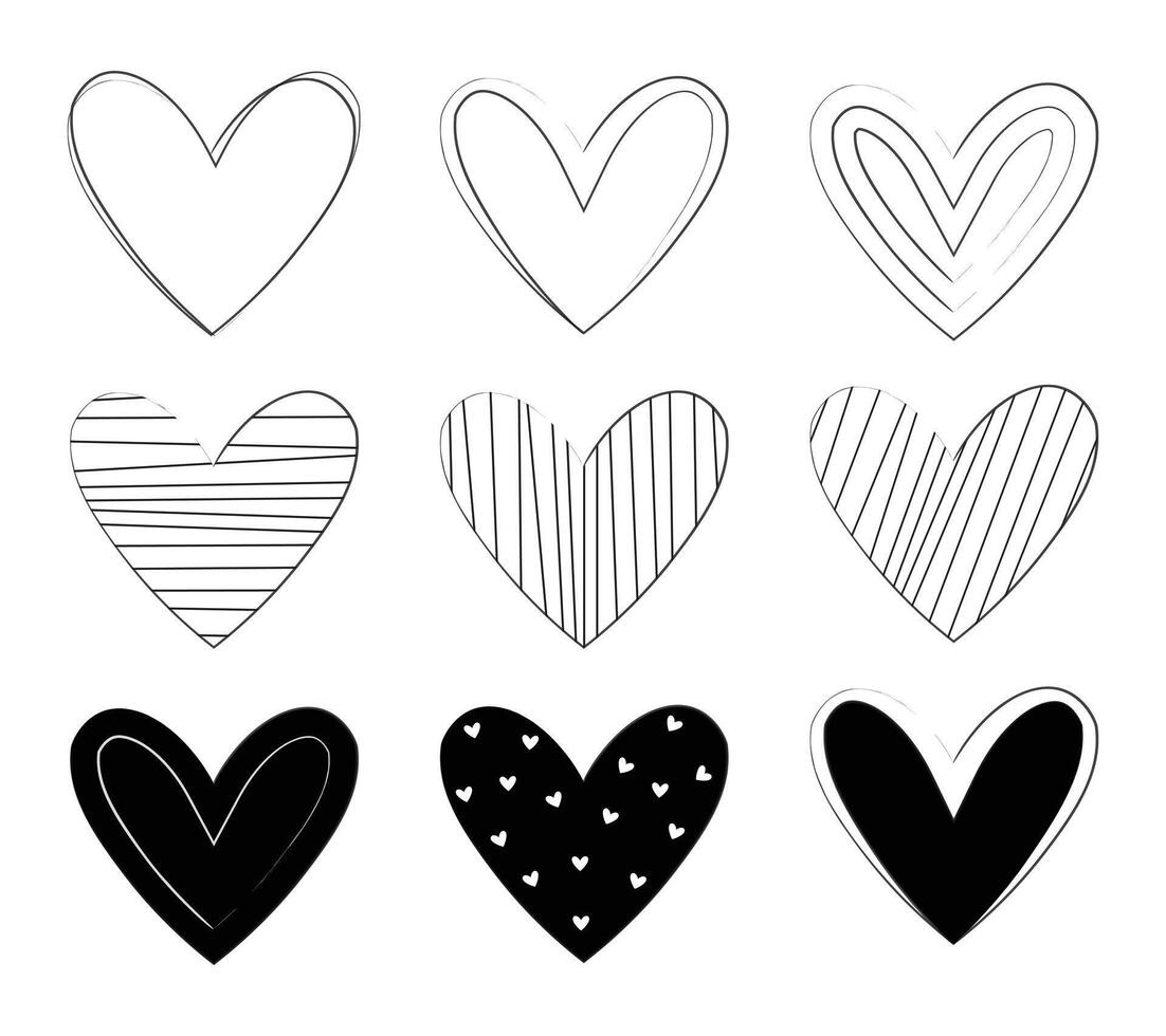 Black line and fill hearts. Black and red heart shapes on white background. Red hearts. vector