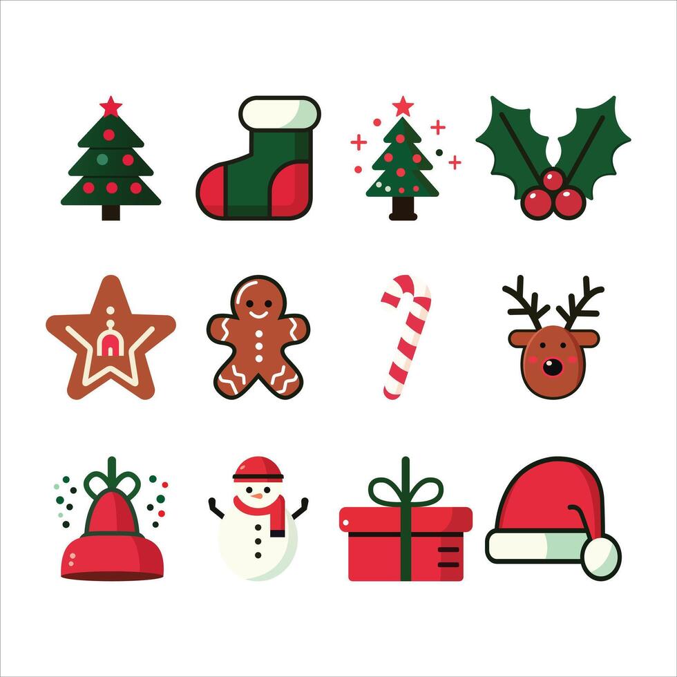 Christmas elements. Merry Christmas cute elements. Colorful flat . Santa Claus. Christmas tree. Gift boxes. vector