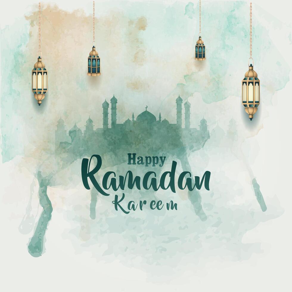 islamic greetings ramadan template design with lanterns and silhouette mosque vector