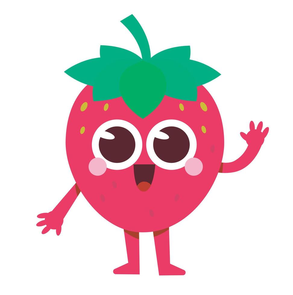 cute strawberry waving hand. food design illustration mascot vector