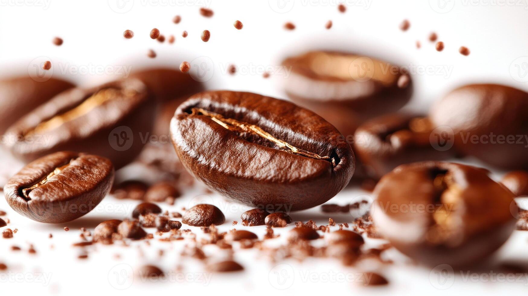 Rich coffee beans spread across a surface with ground coffee adding texture photo