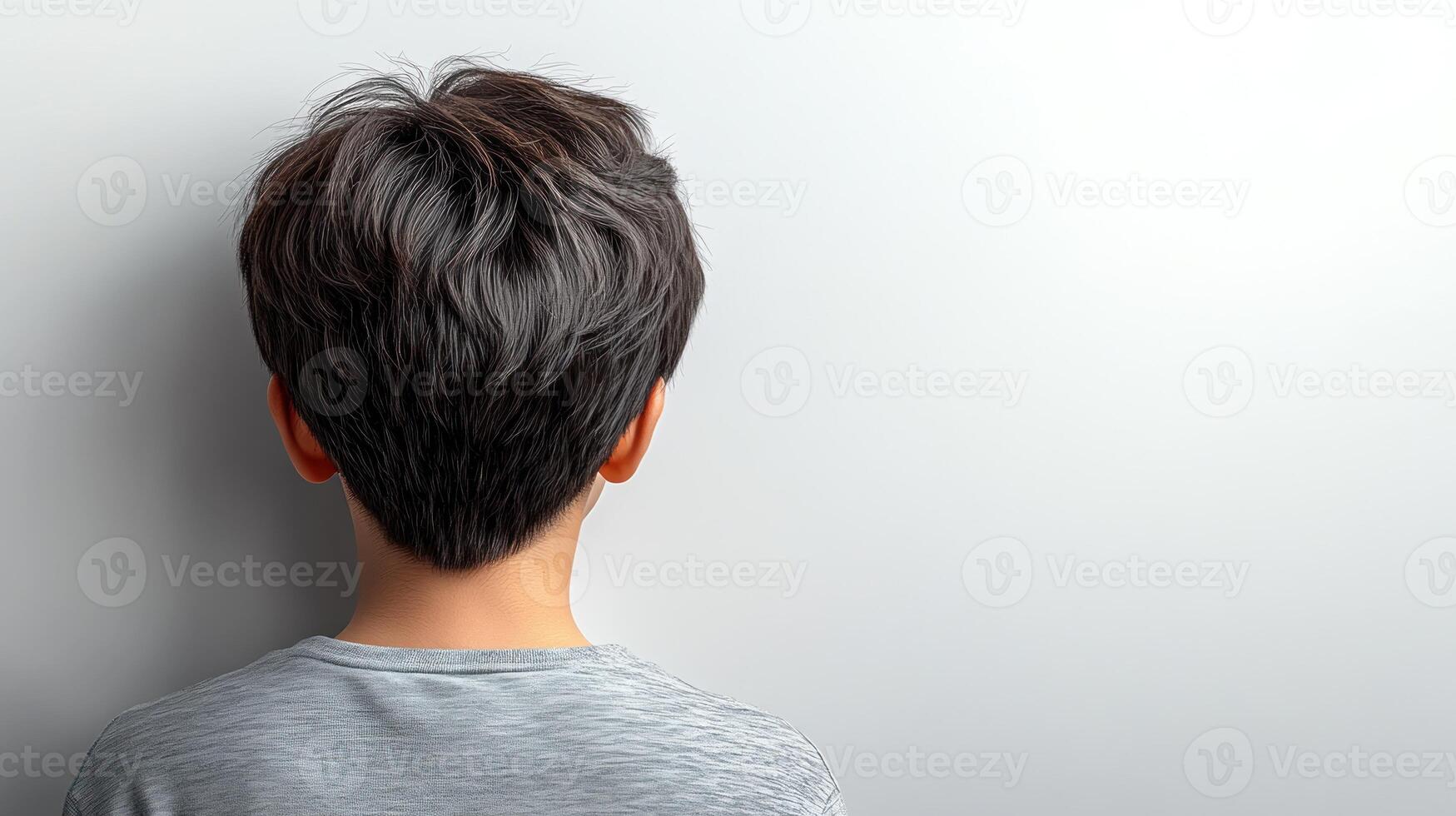 A young boy contemplates quietly while facing a plain wall, immersed in thought photo