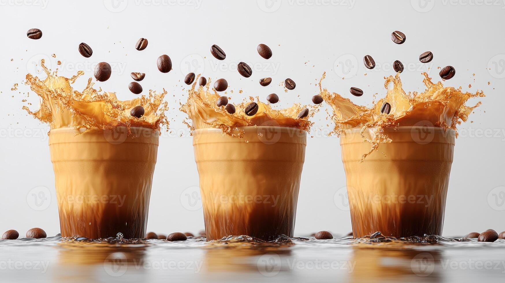 Iced coffee splashes dramatically with floating coffee beans above the cups photo