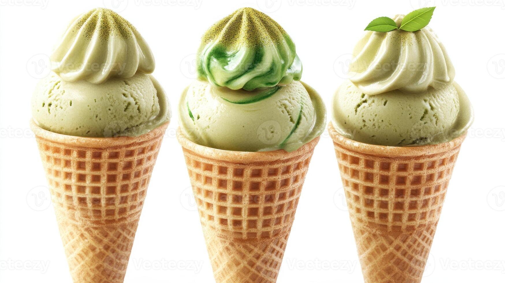Tres vibrante matcha hielo crema conos invitación gusto brotes a disfrutar un refrescante tratar foto