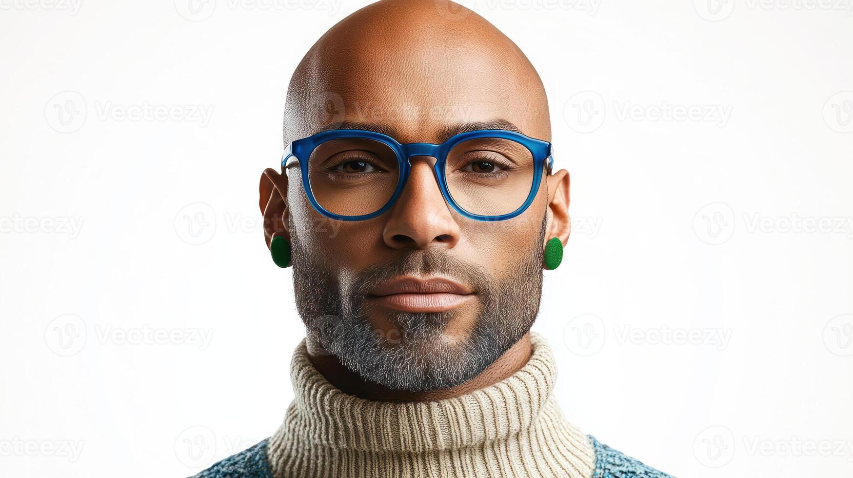 The man displays a relaxed demeanor, showcasing his unique style with bold accessories photo