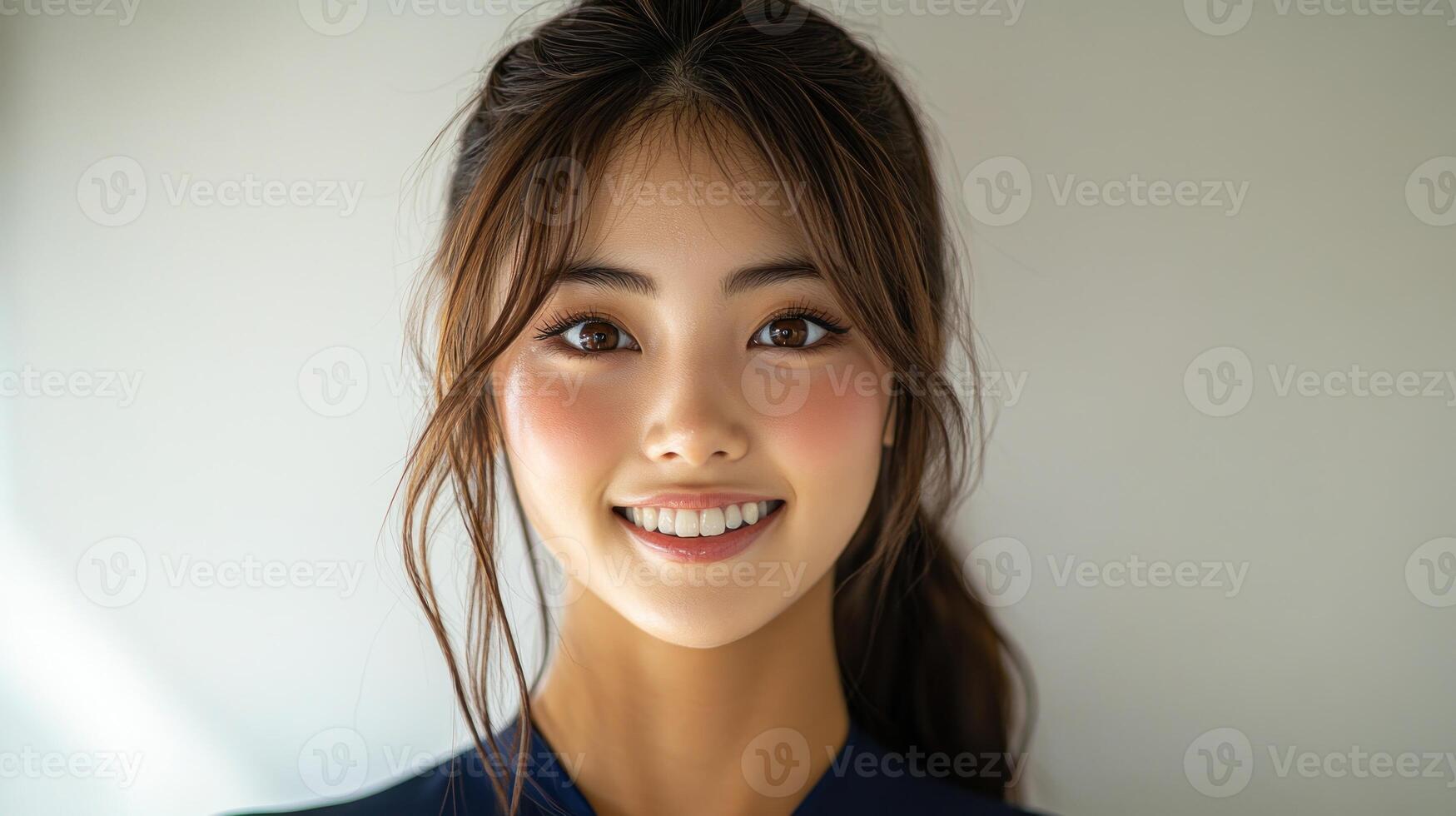 A joyful young woman smiles brightly, adding to the serene atmosphere photo