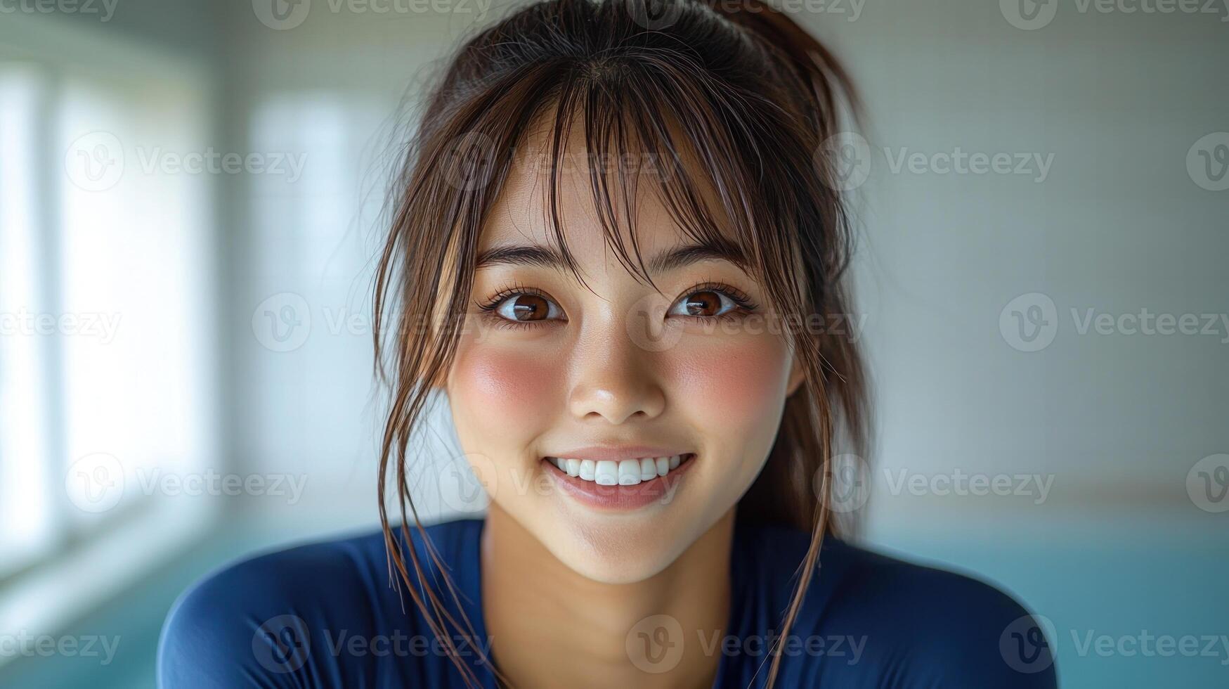 A cheerful young woman radiates happiness while preparing to swim photo