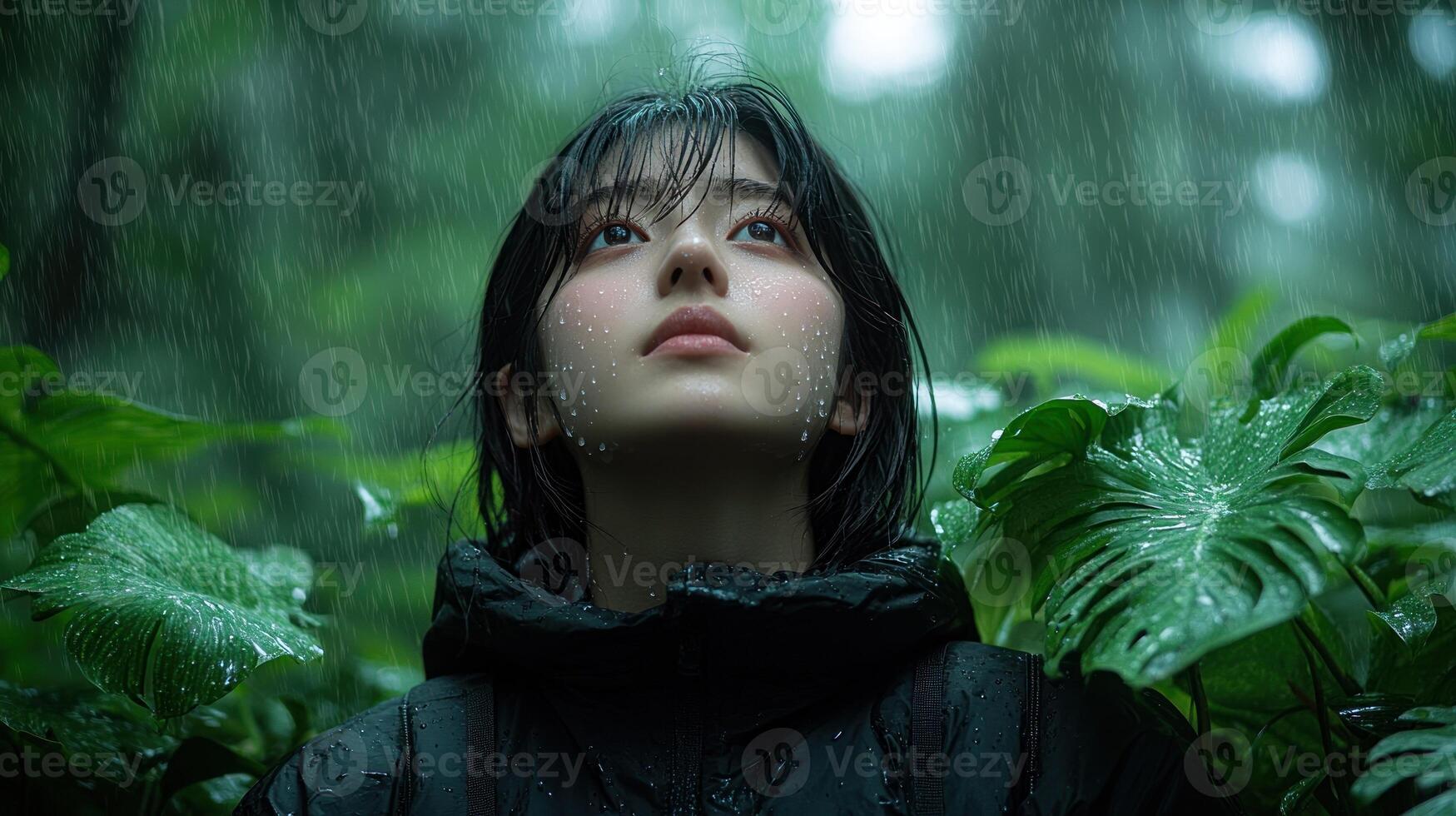 A person admires the vibrant forest and gentle rainfall around them photo