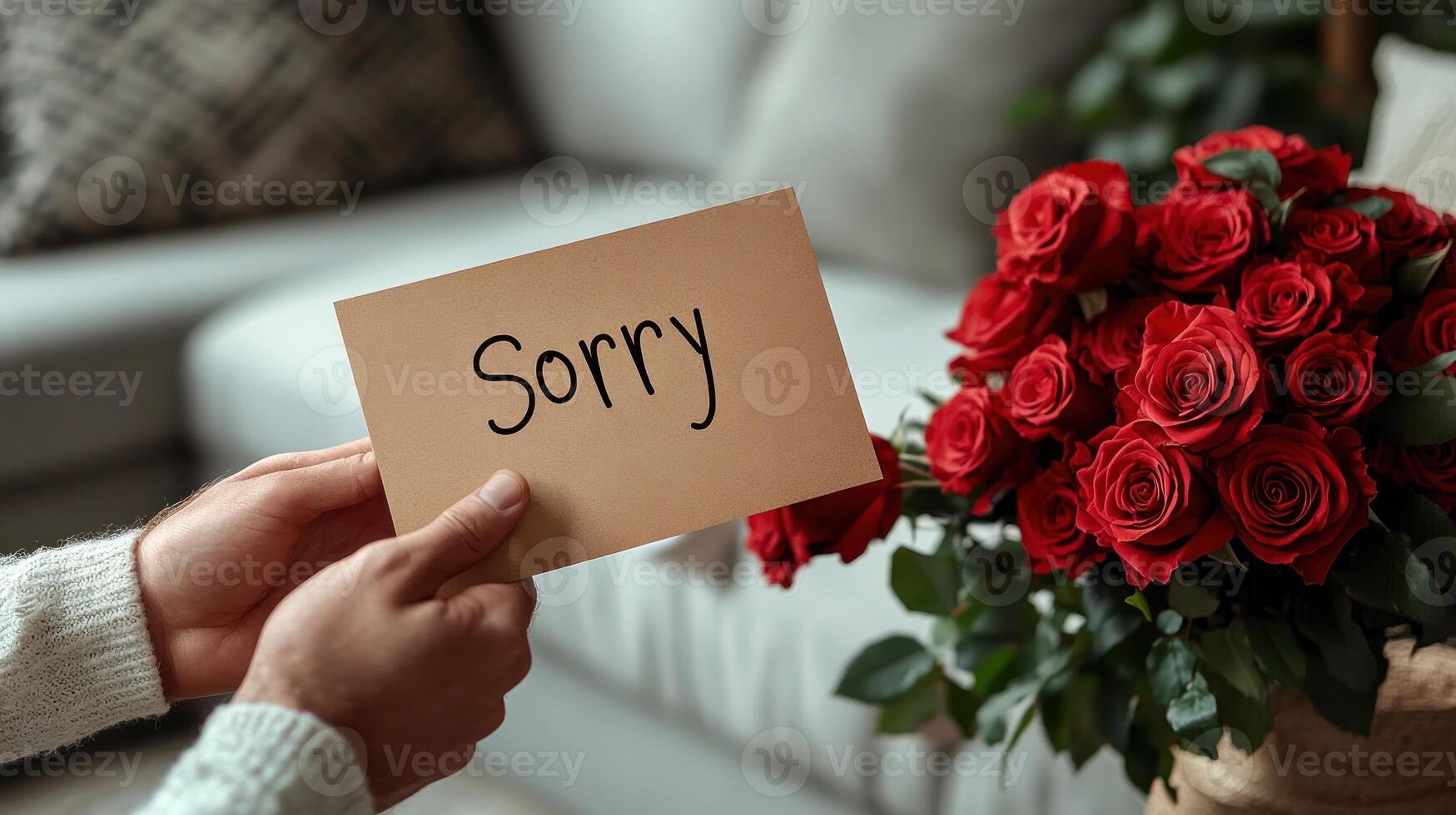 A person holds a card that says sorry, accompanied by vibrant red roses photo