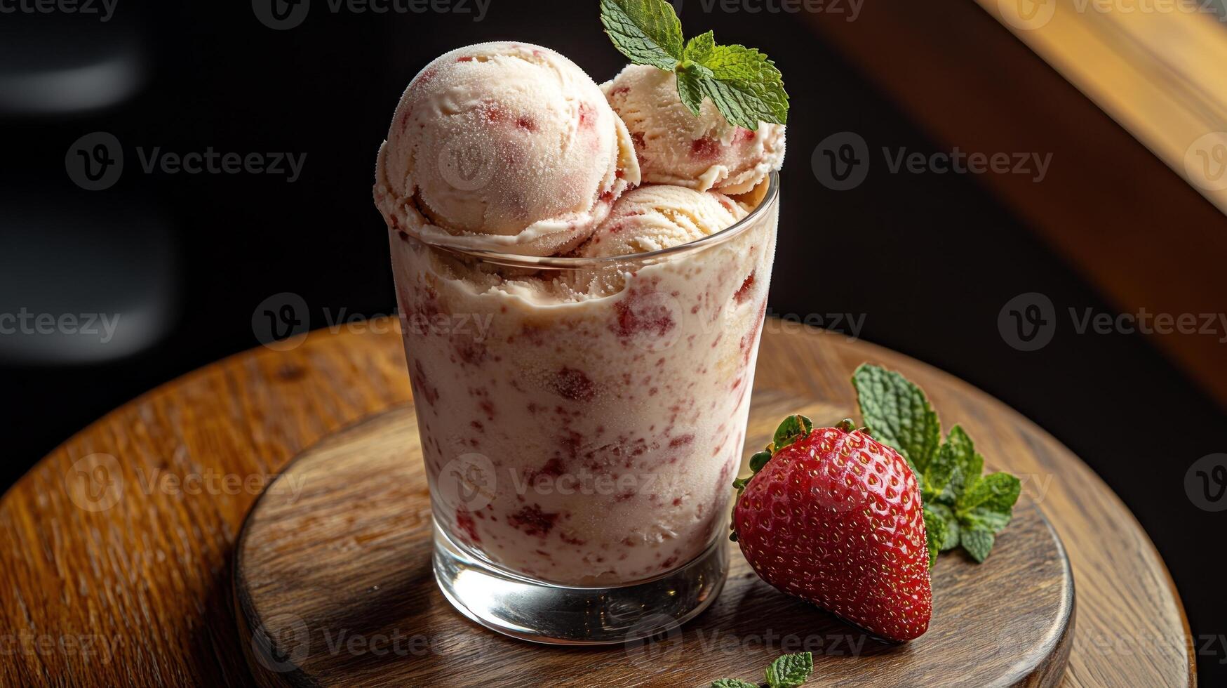 Scoop of strawberry ice cream garnished with mint and fresh strawberries nearby photo