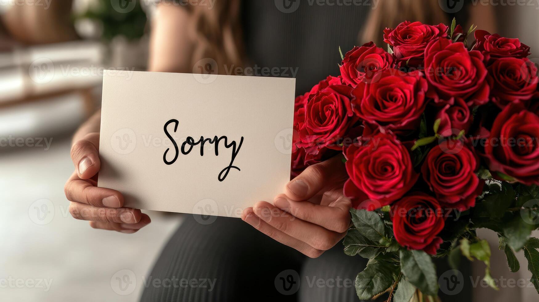 A person holds a bouquet of red roses and a note conveying heartfelt remorse photo