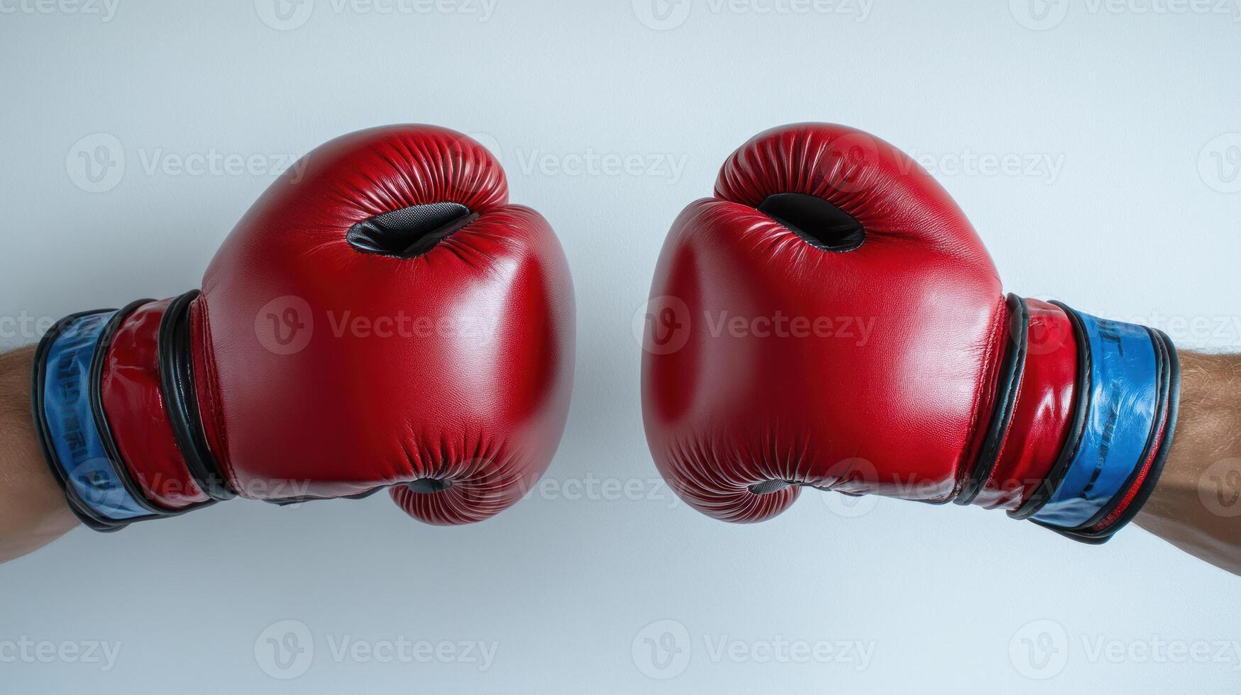 Two pairs of red boxing gloves poised for action in a vibrant training environment photo
