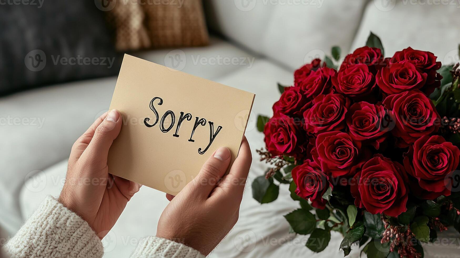 A person holds a card reading sorry next to a beautiful bouquet of red roses photo