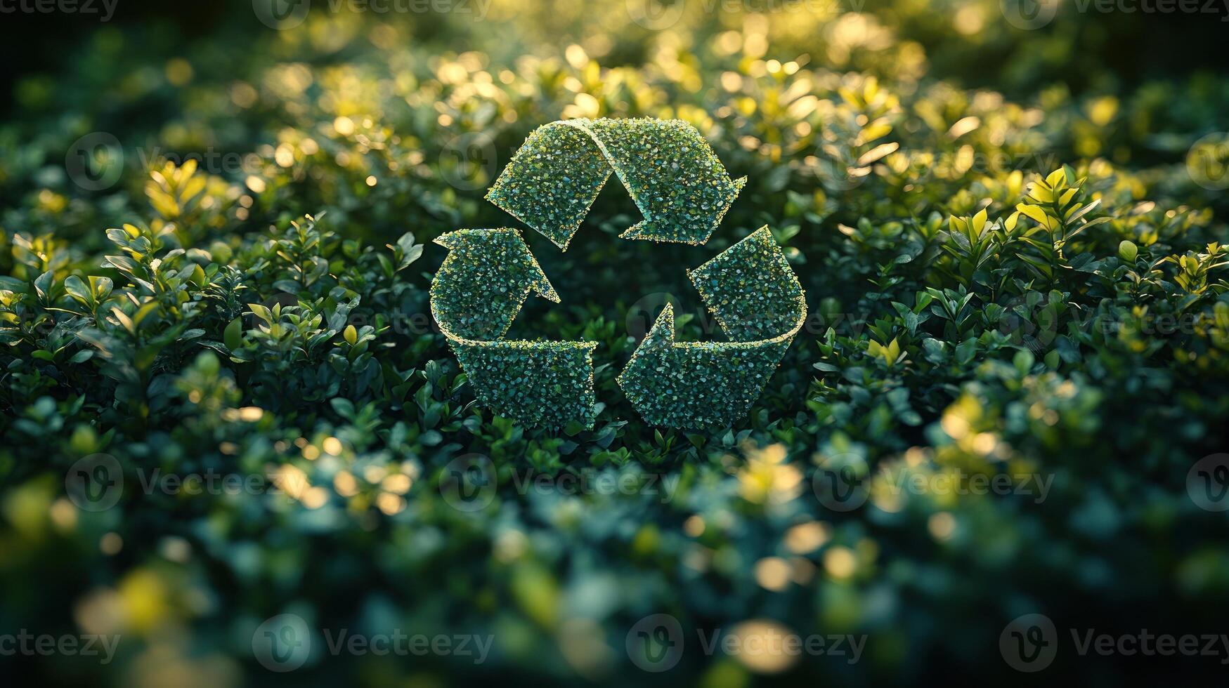Bright green recycling symbol grows harmoniously within thriving greenery and sunlight photo