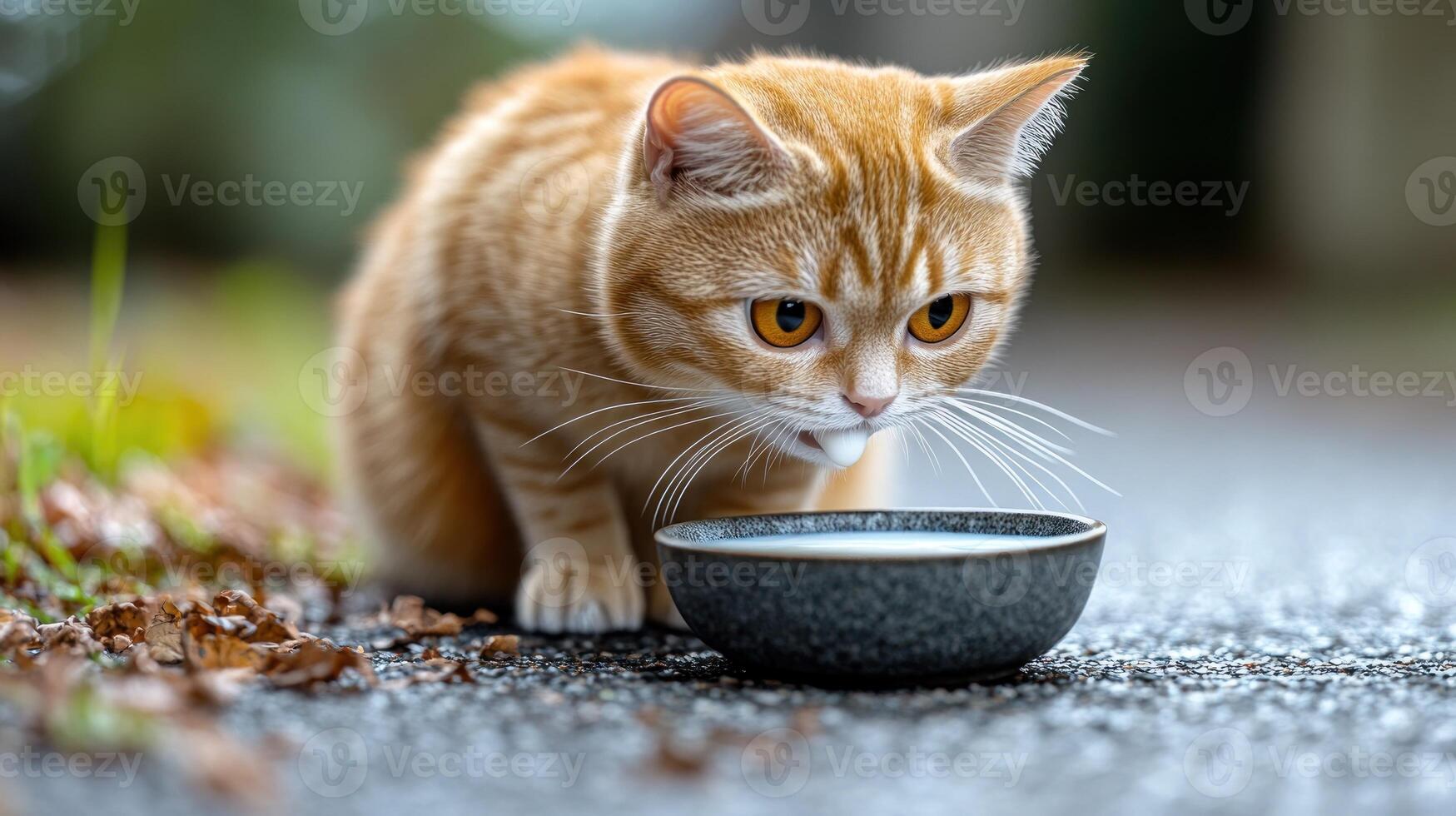An orange tabby cat is carefully examining a bowl placed outdoors amidst fallen leaves photo