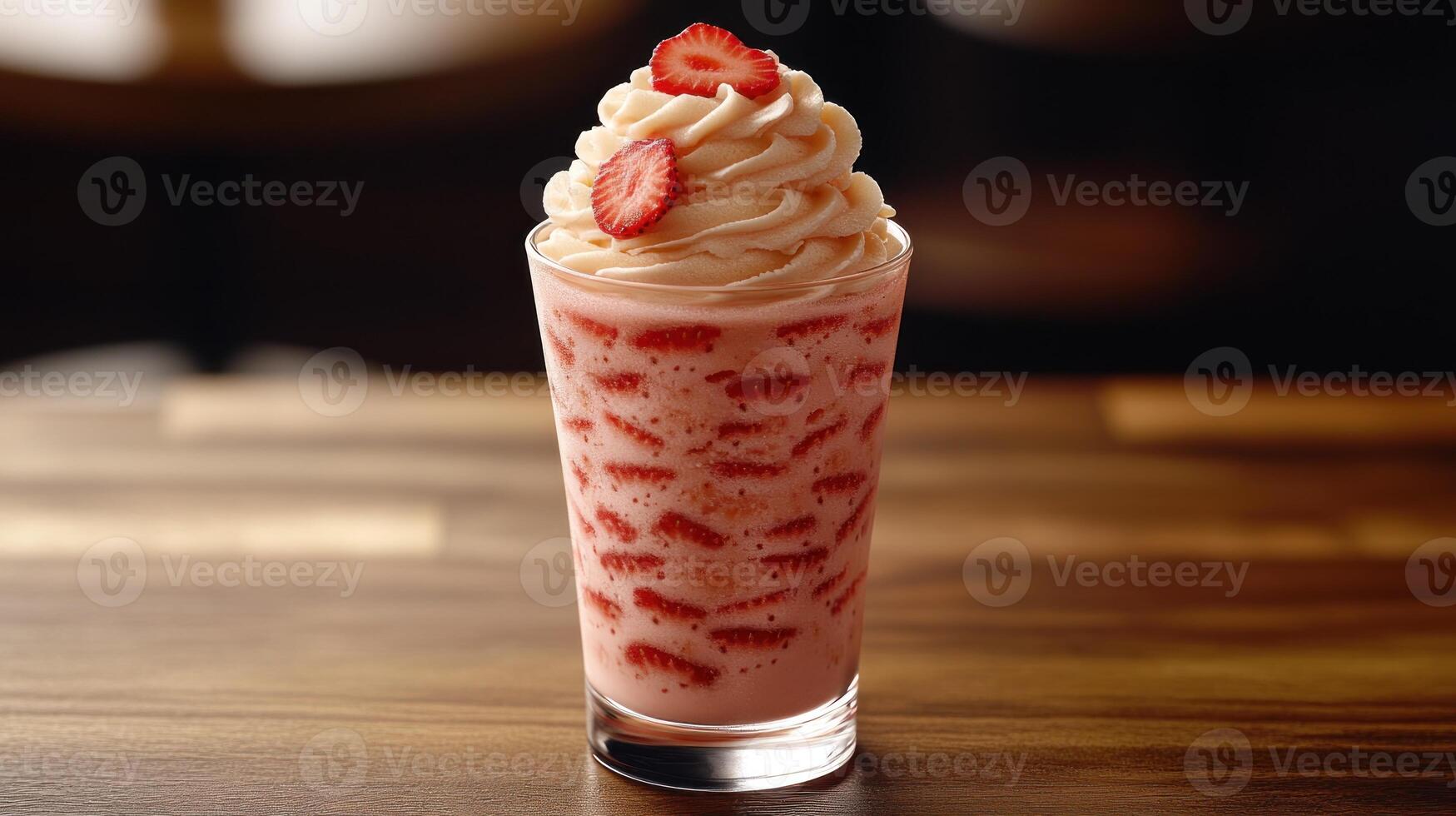 A delightful dessert with a swirl of whipped cream and fresh strawberries on top photo