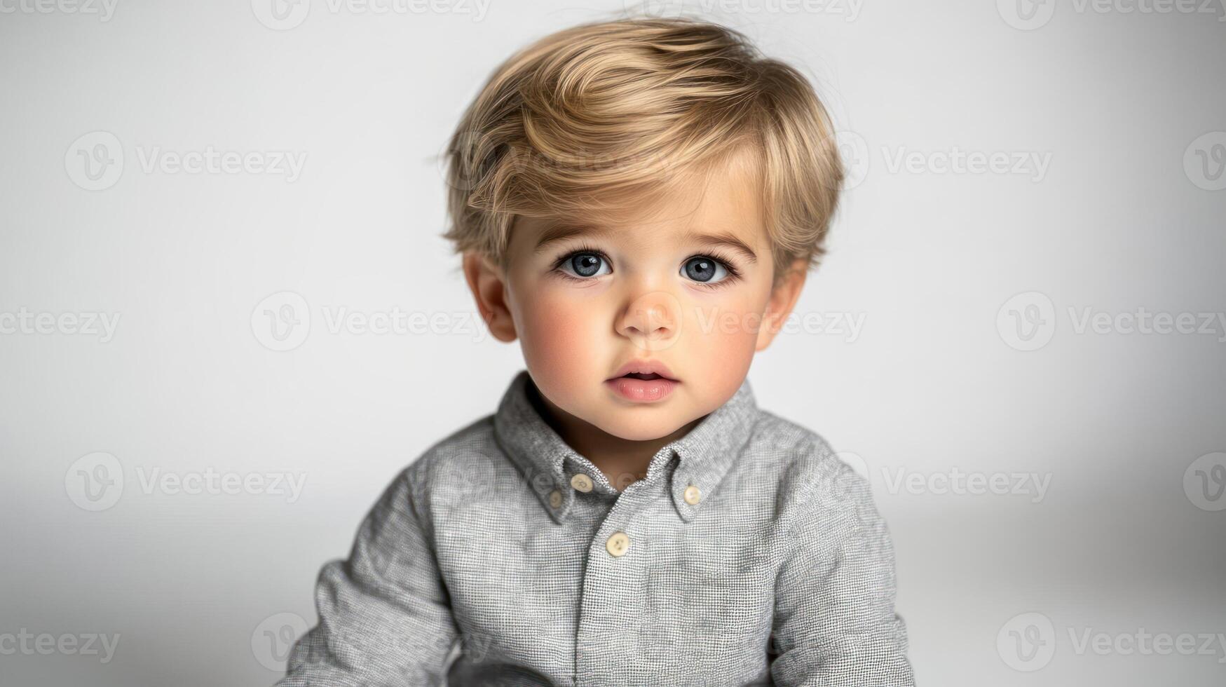 A small child sits attentively, displaying bright blue eyes and a stylish outfit photo