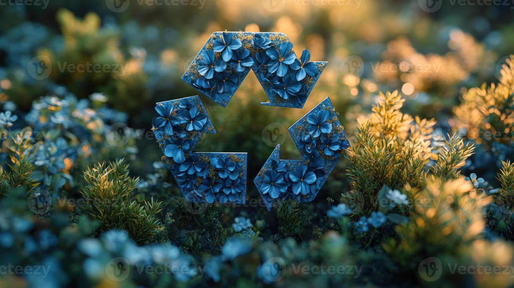 A lush green landscape with a creatively designed recycling symbol adorned with flowers photo