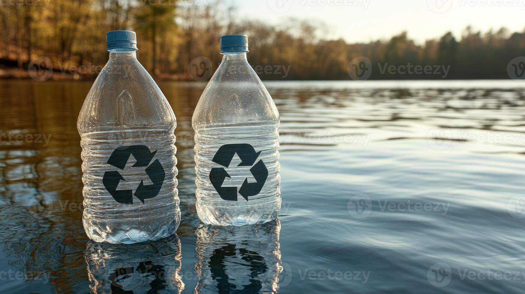 Recycled water bottles gently bob on the lake's surface as the sun sets behind trees photo