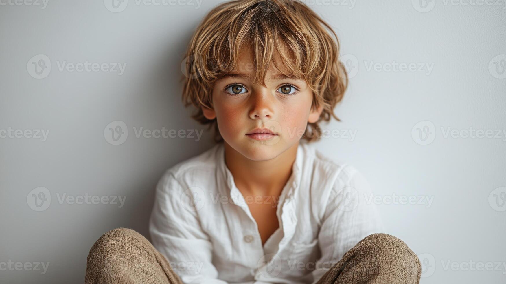 A contemplative boy gazes softly, embodying innocence and curiosity in a serene moment photo