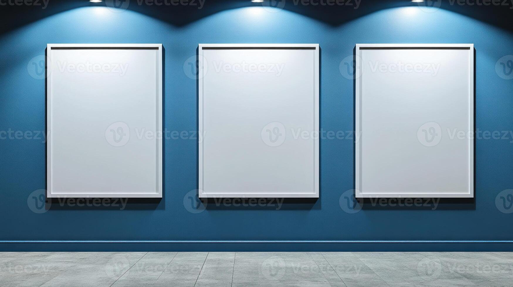 Three empty frames await creative expressions in a contemporary art gallery photo