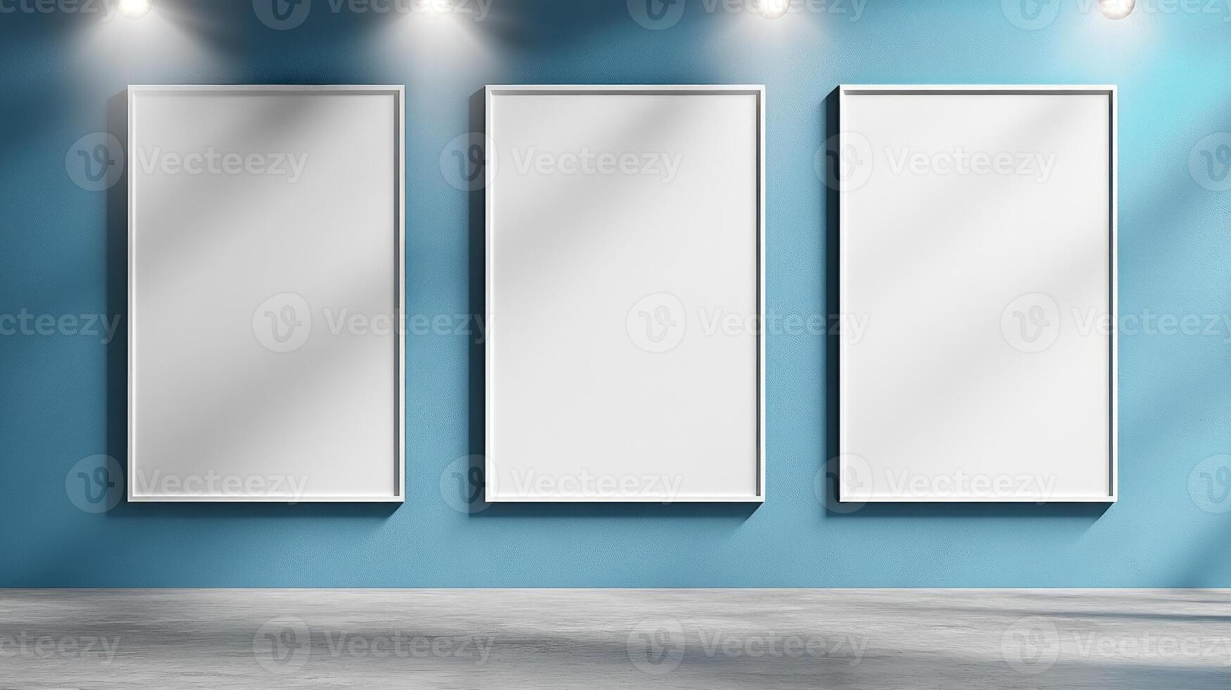 Three empty frames on a vibrant blue wall invite artistic expression and imagination photo