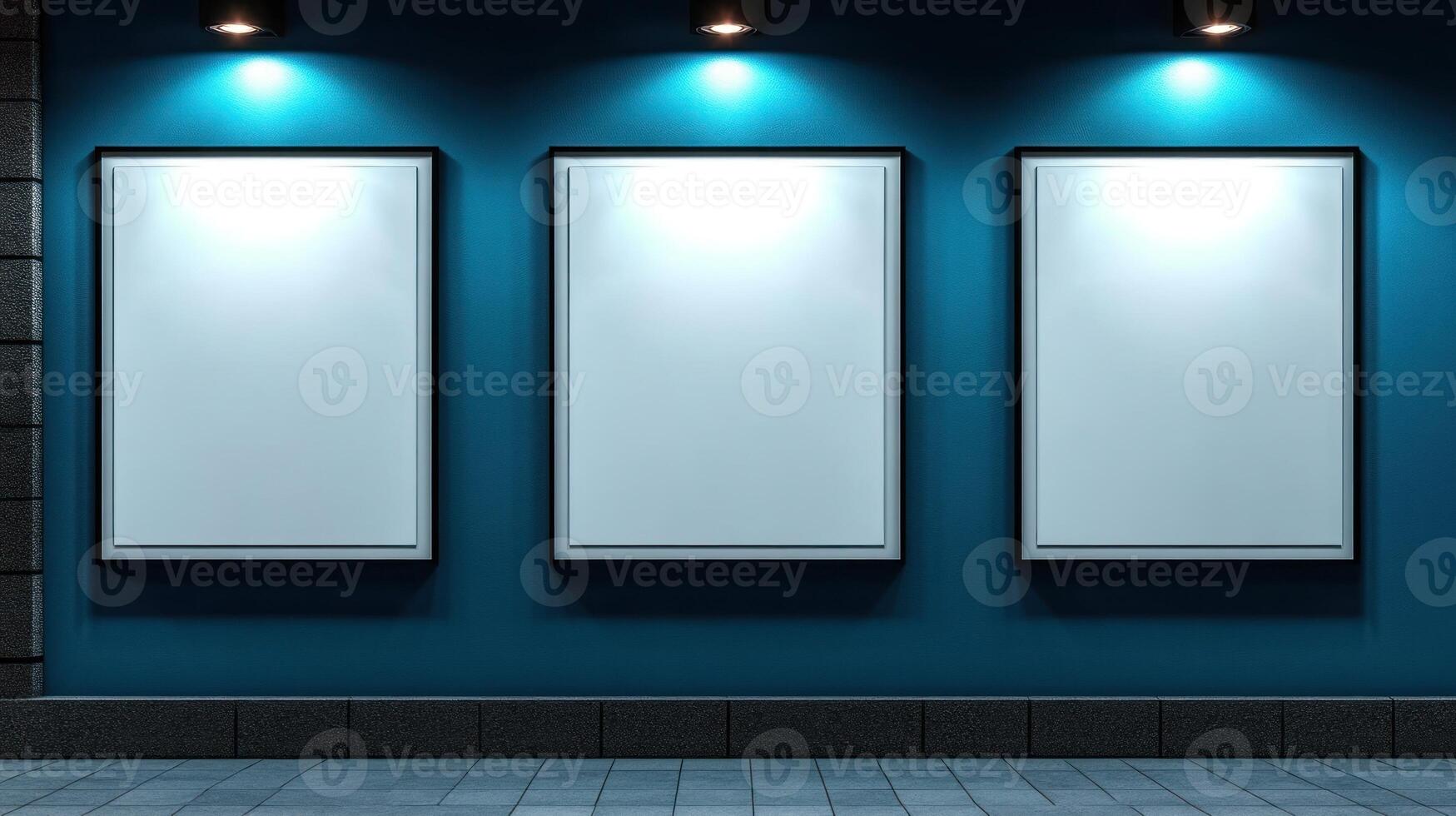 Three empty frames hang against a vibrant blue wall, softly lit in a quiet urban space photo