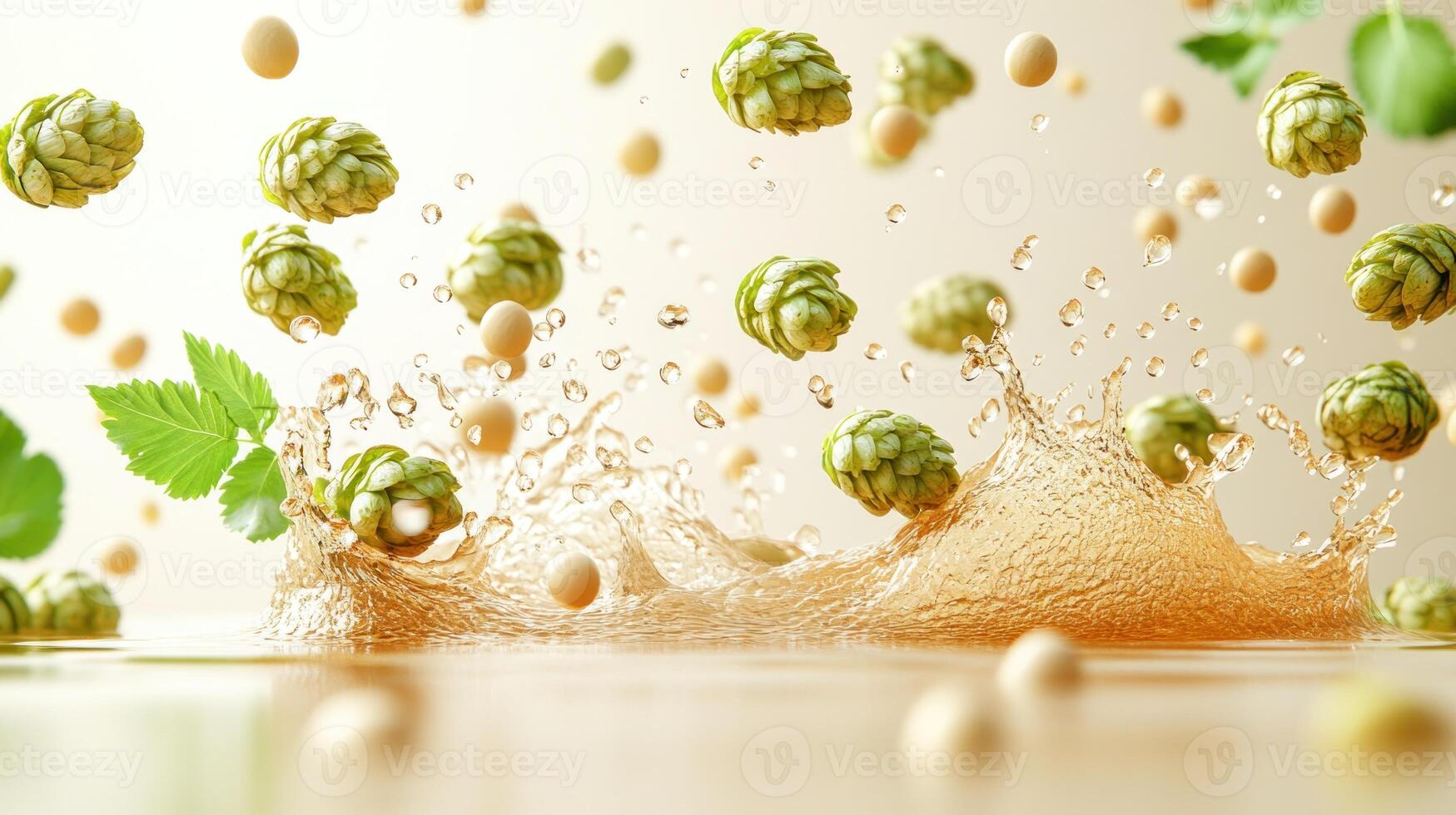 Hops and barley leap from the water's surface, splashing joyously in a warm glow photo
