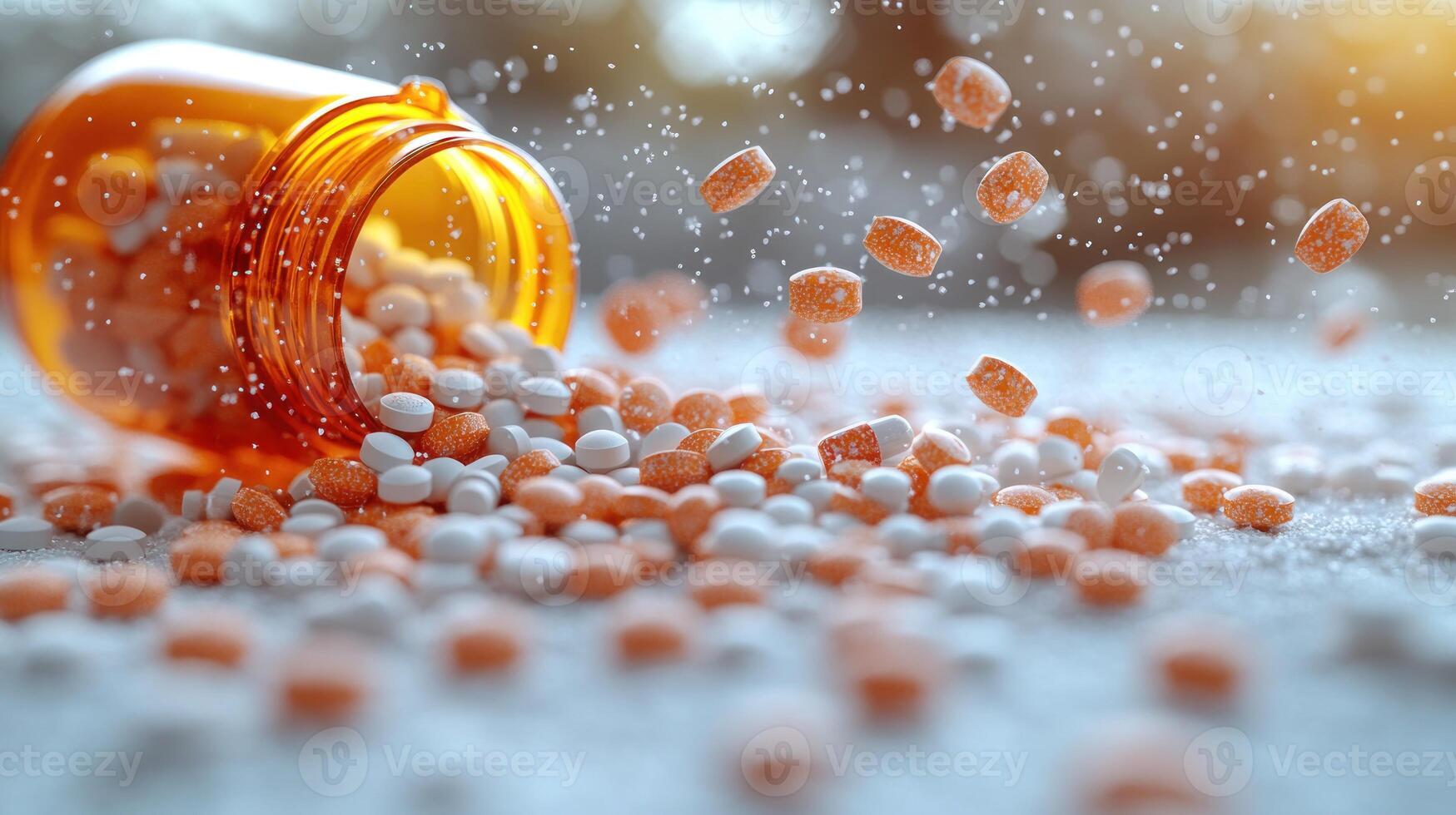 Colorful pills scatter across a surface, with bright lighting enhancing their vivid hues photo