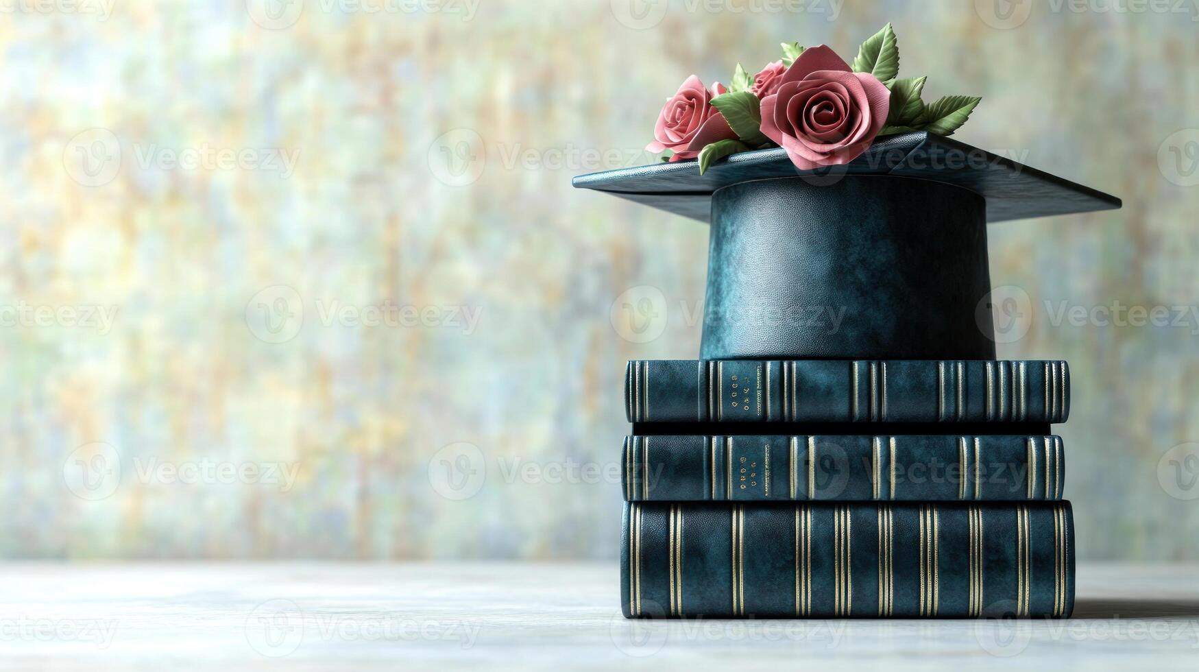 A graduation cap decorated with beautiful roses rests on a stack of old books photo