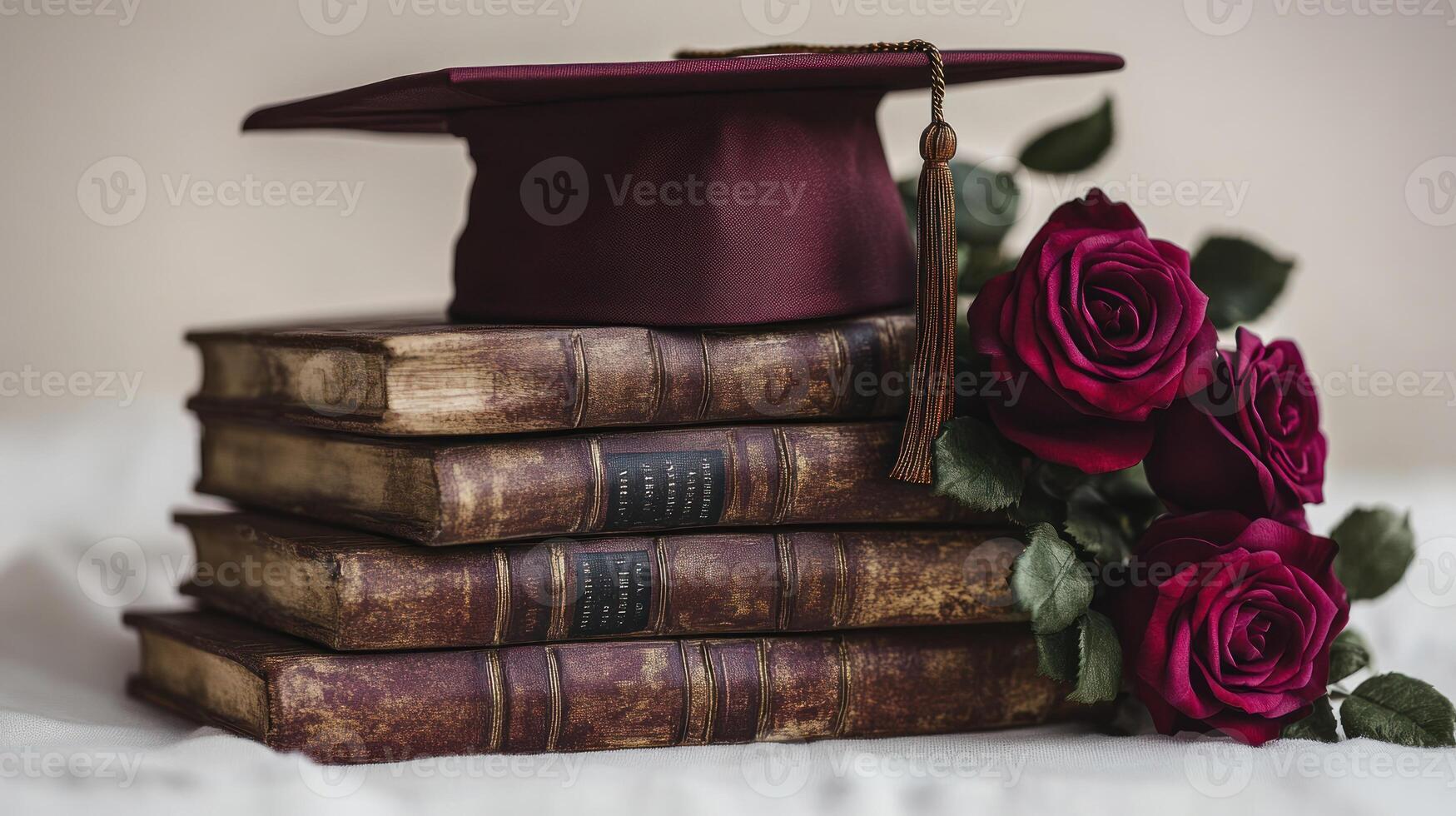 A graduation cap rests on vintage books adorned with luxurious red roses photo
