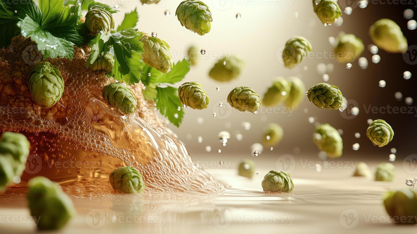 Fresh hop cones dancing in a bubbly golden liquid, highlighting craft brewing magic photo
