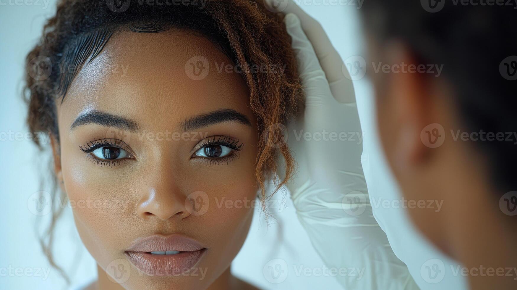 A woman gazes intently while receiving a gentle beauty treatment in a tranquil space photo