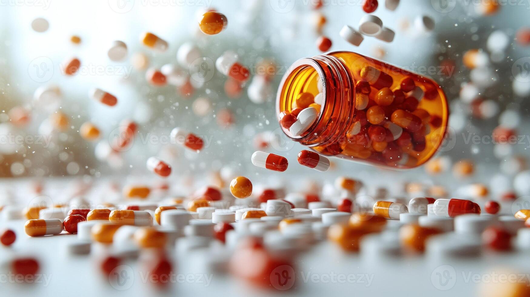 Capsules spill from a jar, creating a vibrant display against a soft, natural backdrop photo
