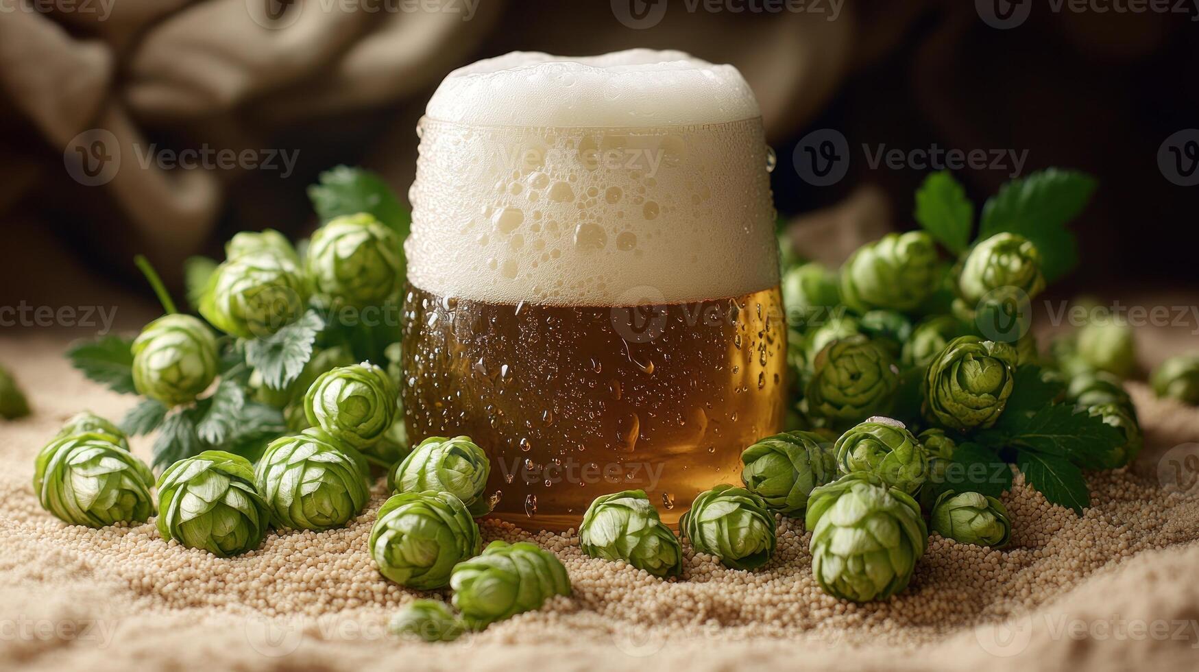 Golden beer with foam surrounded by vibrant hops invites a sense of artisanal brewing photo