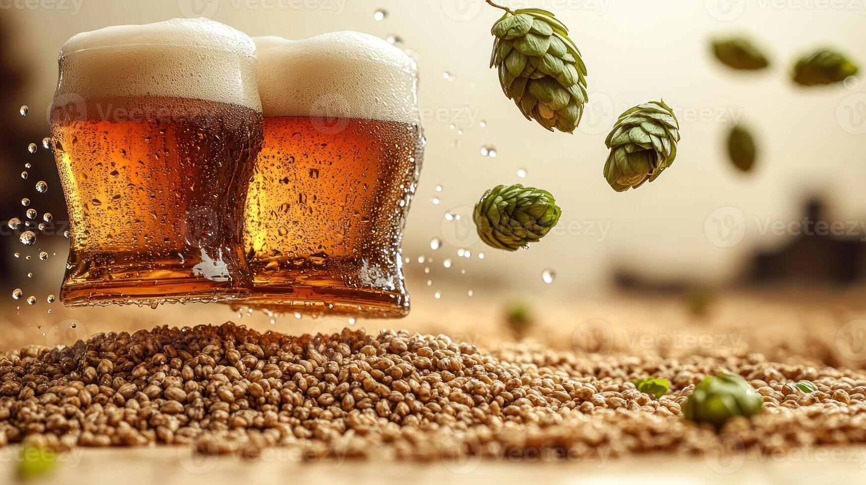 Frothy beer glasses float above a bed of grains while hops dance in the air photo