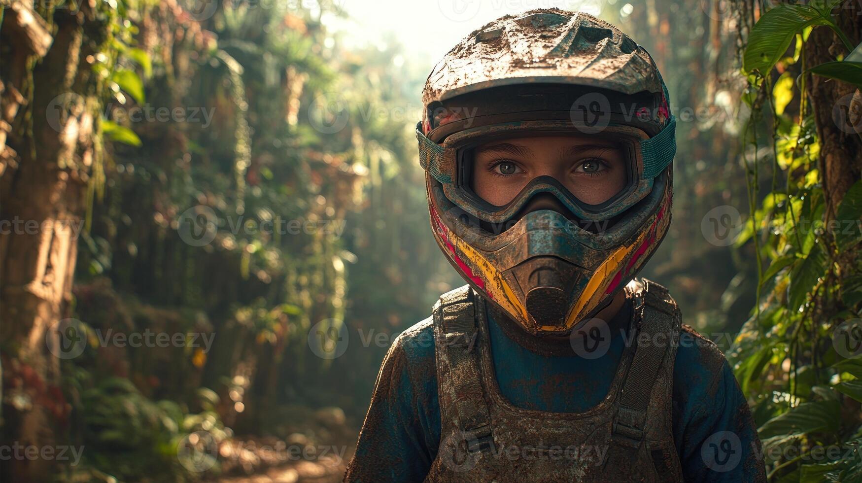 A young rider stands in a lush jungle, helmet on and ready for exploration ahead photo